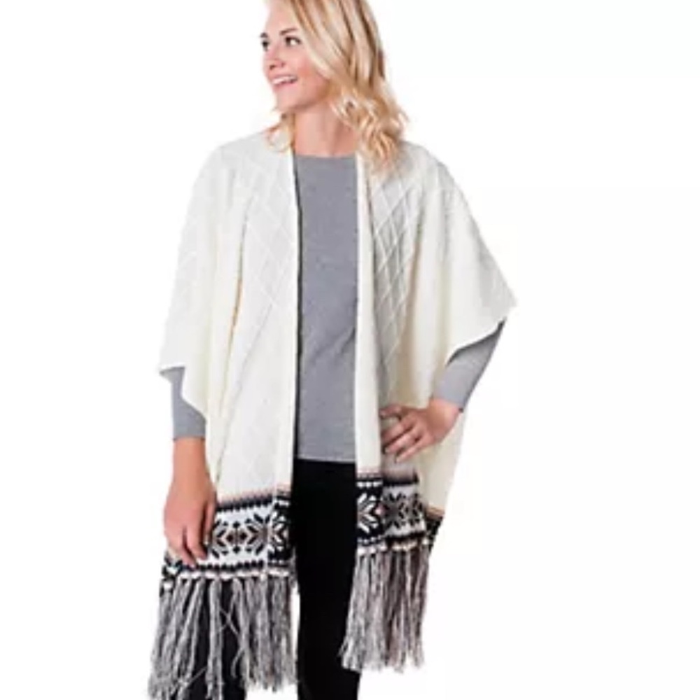 Muk Luks Ruana Fair Isle Knit Fringe Long Scarf Wrap Cardigan Duster Sweater OS